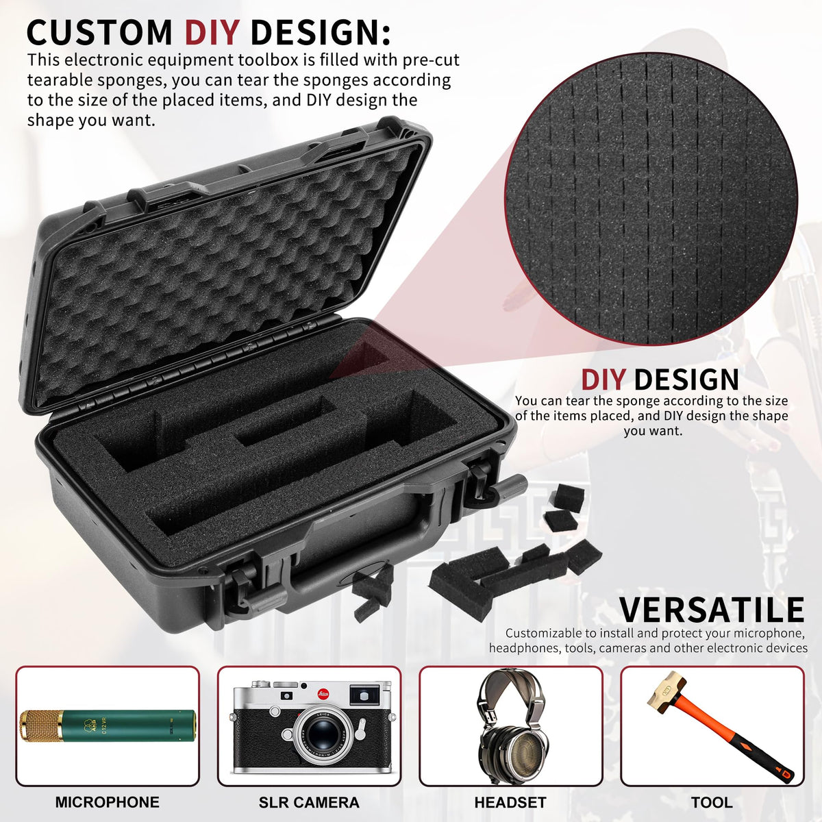 Hard Carrying Case,Shockproof Storage Box with Customizable Foam,11inch Portable Protective Tool Box for Microphone,Recorder,Electronics,Tools,Cameras,Equipment and More,11.6"x7.3"x2.8"