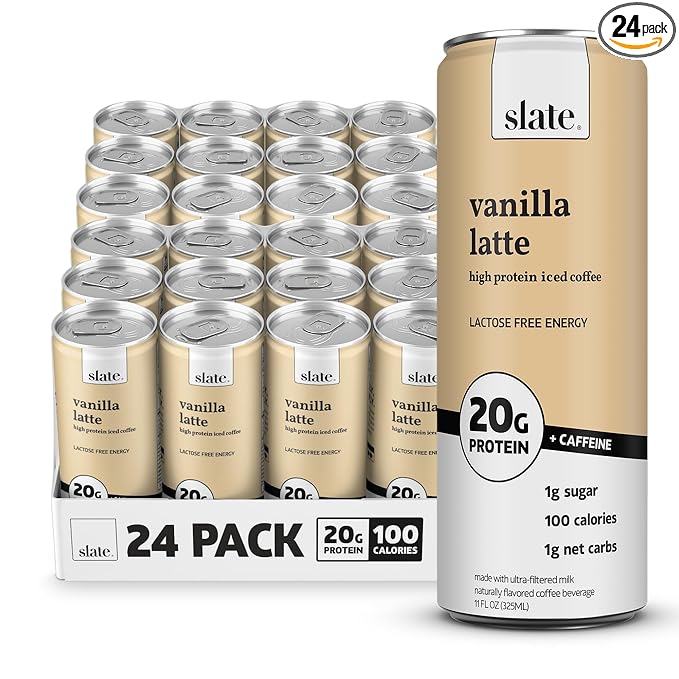 Slate Milk - High Protein Iced Coffee - Vanilla Latte - 175mg Caffeine, Lactose Free Energy - 20g Protein, 1g Sugar, 100 Calories, 1g Net Carbs, No Sugar Added - Protein Coffee - 11 fl oz, 24 Cans