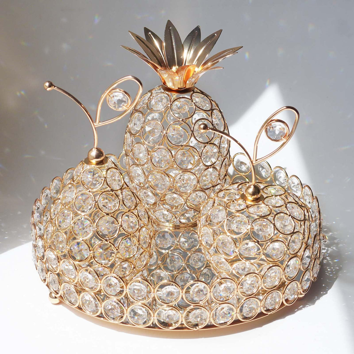 Elegant Decorative Trays & Crystal Fruit 4pcs Set, Crystal Tea Light Holder - Wedding Centerpieces for Holidays, Home Table Decorations, Fruit Displays and Candle Holders (Gold, Round Set of Four)