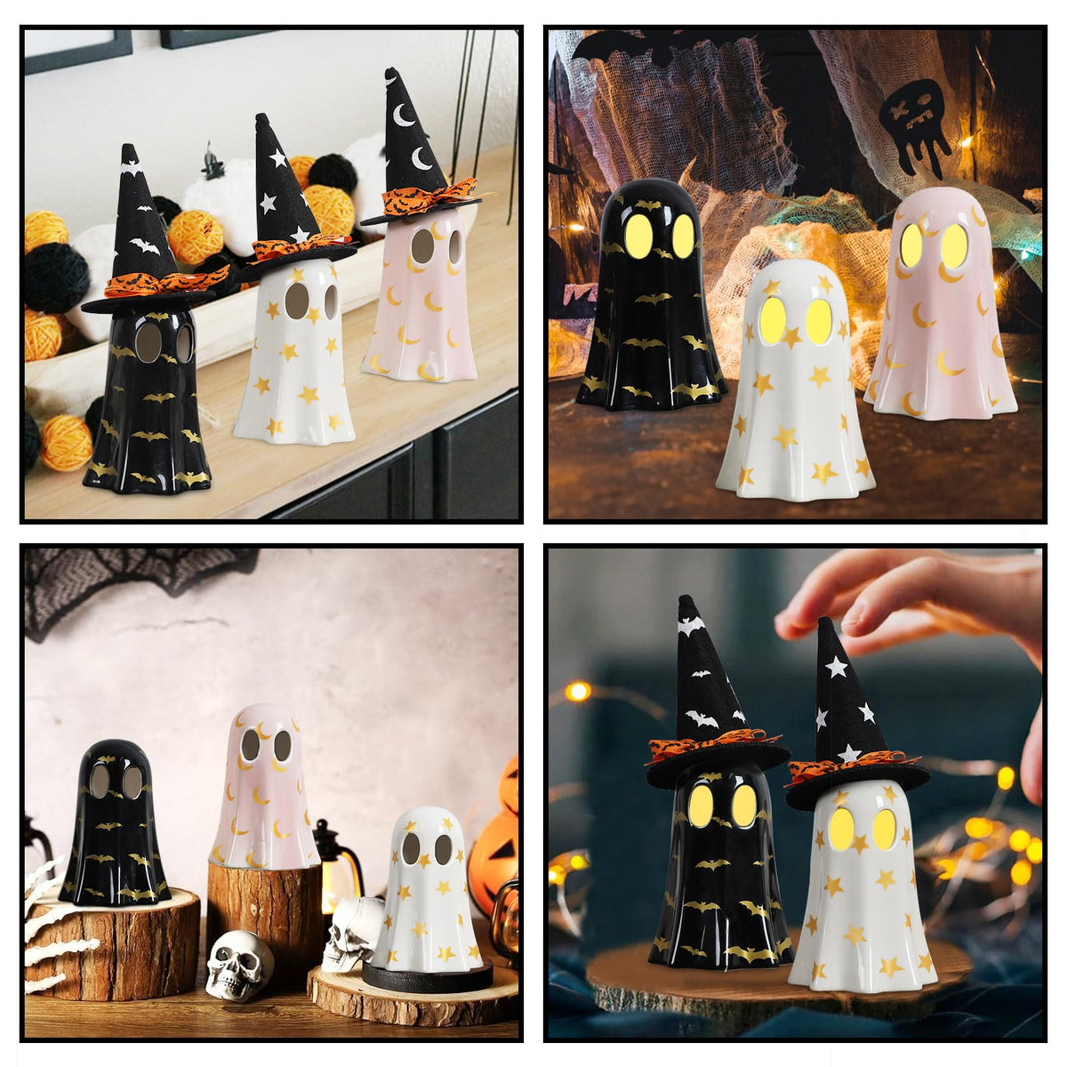 DAZONGE Halloween Decor Indoor, Set of 3 Ceramic Ghosts with Witch Hats, Cute Spooky Ghost Figurines for Mantel, Shelf & Tabletop Decor, Halloween Decorations