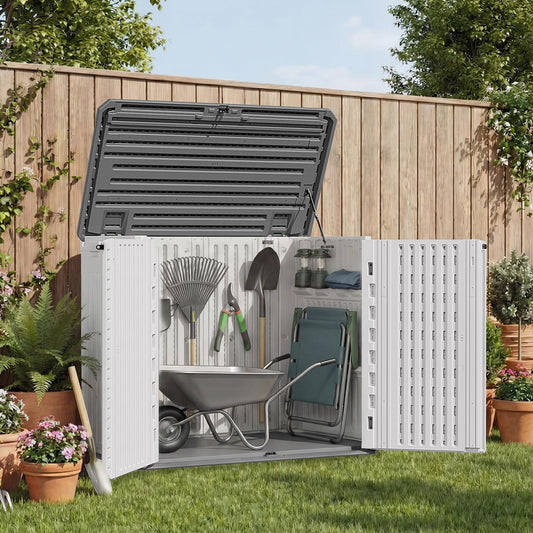 UDPATIO 34 Cu.Ft Resin Outdoor Storage Shed, Patio Plastic Vertical Sheds with Floor, Waterproof Bin Shed Horizontal Storage Cabinet for Patio, Backyards, Garden, Pool, Tool Shed