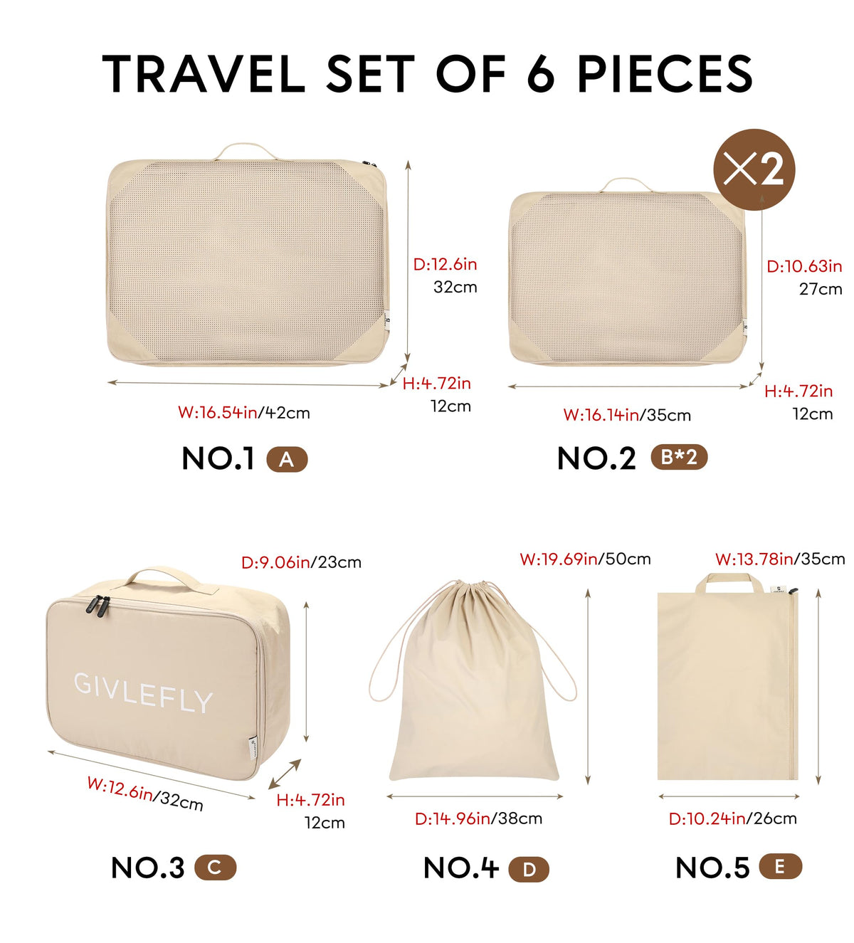 GIVLEFLY 6 Set Compression Packing Cubes for Travel, Lightweight Luggage Organizer Bags, Durable Travel Accessories for Suitcase Organization,Beige