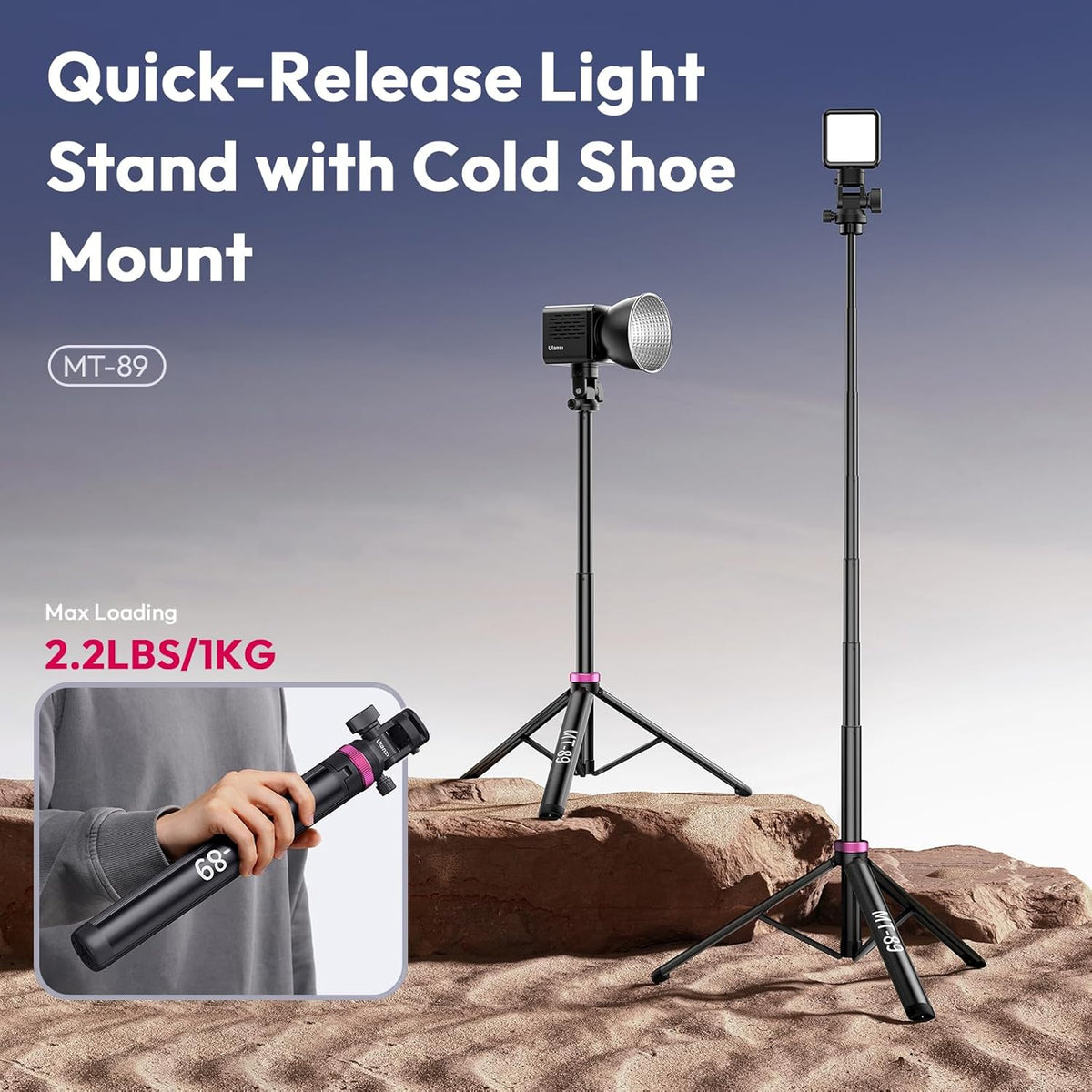 ULANZI MT-89 82" 1/4" 2.2LBS Extendable Tripod Aluminum, Portable Adjustable Light Stand with Screw Quick Release