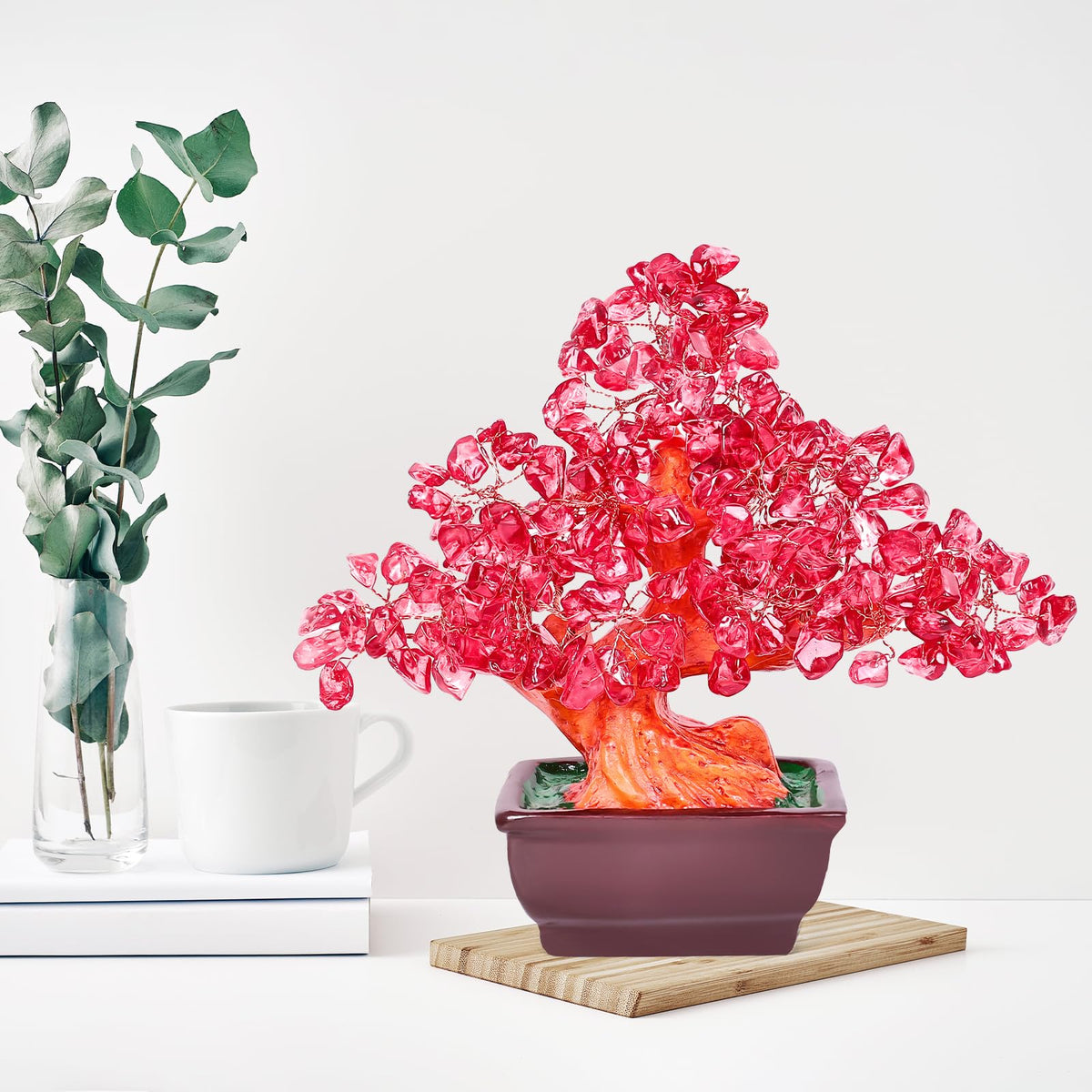 AzureLeap Feng Shui Quartz Crystal Money Tree Bonsai Style Decoration for Luck and Wealth (Red)