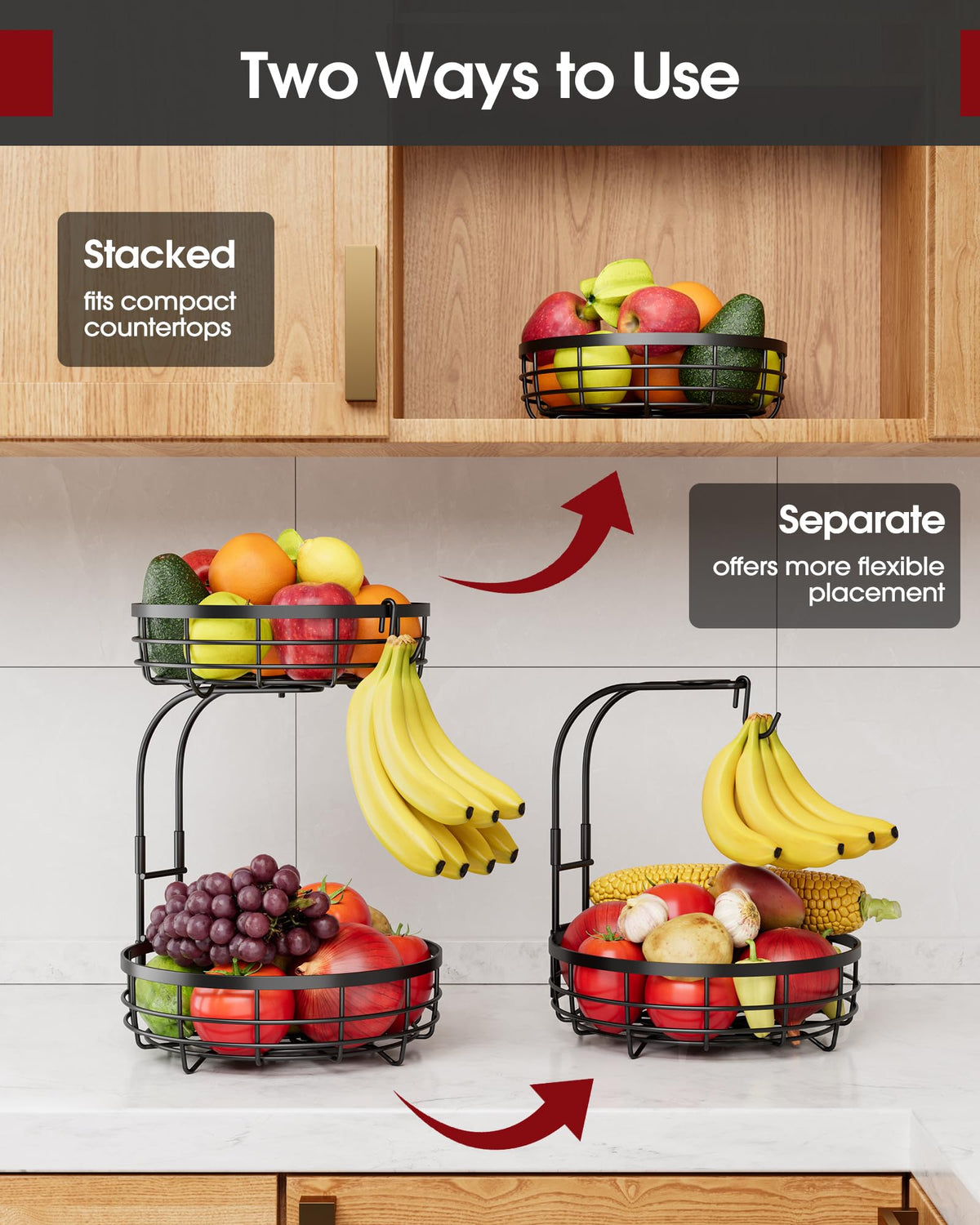 Sakugi Fruit Basket for Kitchen Counter - 2-Tier Large Capacity Fruit Bowl with Detachable Banana Hanger, Rust-Proof Metal Fruit Holder for Vegetables, Bread, Toiletry,10" D x 10" W x 14" H, Black