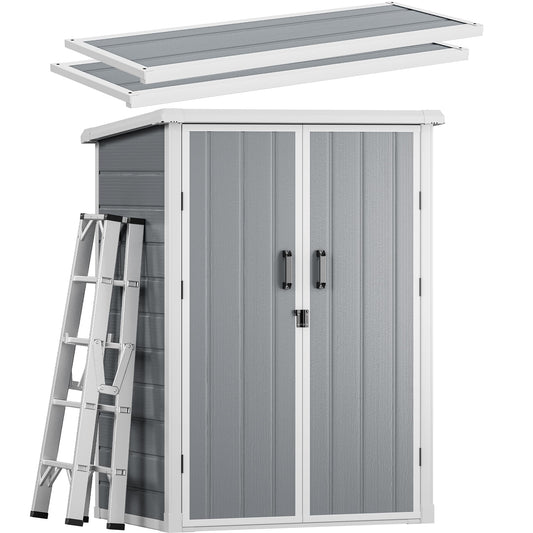 DWVO Outdoor Tall Storage Shed 60 Cuft with 2 Shelves, 5X3FT Vertical Tool Shed with Floor & Lockable Doors, Sturdy Double-Wall Plastic Cabinet for Garbage Cans and Garden Storage