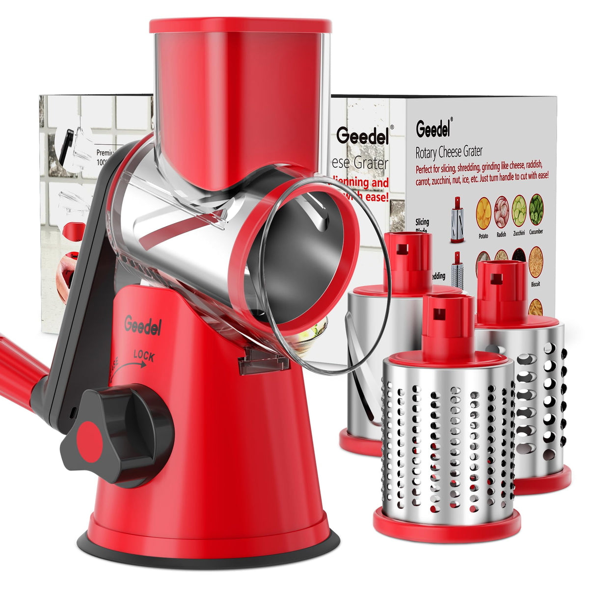 Geedel Rotary Cheese Grater, Kitchen Mandoline Vegetable Slicer with 3 Interchangeable Blades, Easy to Clean Grater for Fruit, Vegetables, Nuts