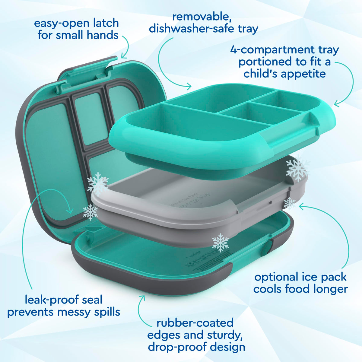 Bentgo Chill Kids Leak-Proof Lunch Box - 4-Compartment Bento Box with Built-In Ice Pack, 3.3 Cup Capacity, PFAS & BPA-Free, Microwave & Dishwasher Safe, Ideal Size for Ages 3 to 7 (Electric Aqua)