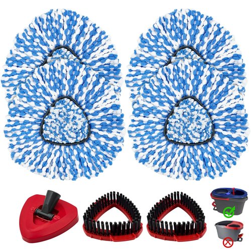 Mop Heads Replacements for O-Cedar RinseClean 2-Tank Spin Mop, Mop Replace Head for O Cedar, Mop Heads Include 4 Pack Mop Refills, 2 Scrubber Mop Heads, 1 Mop Base, Reusable, Easy to Replace