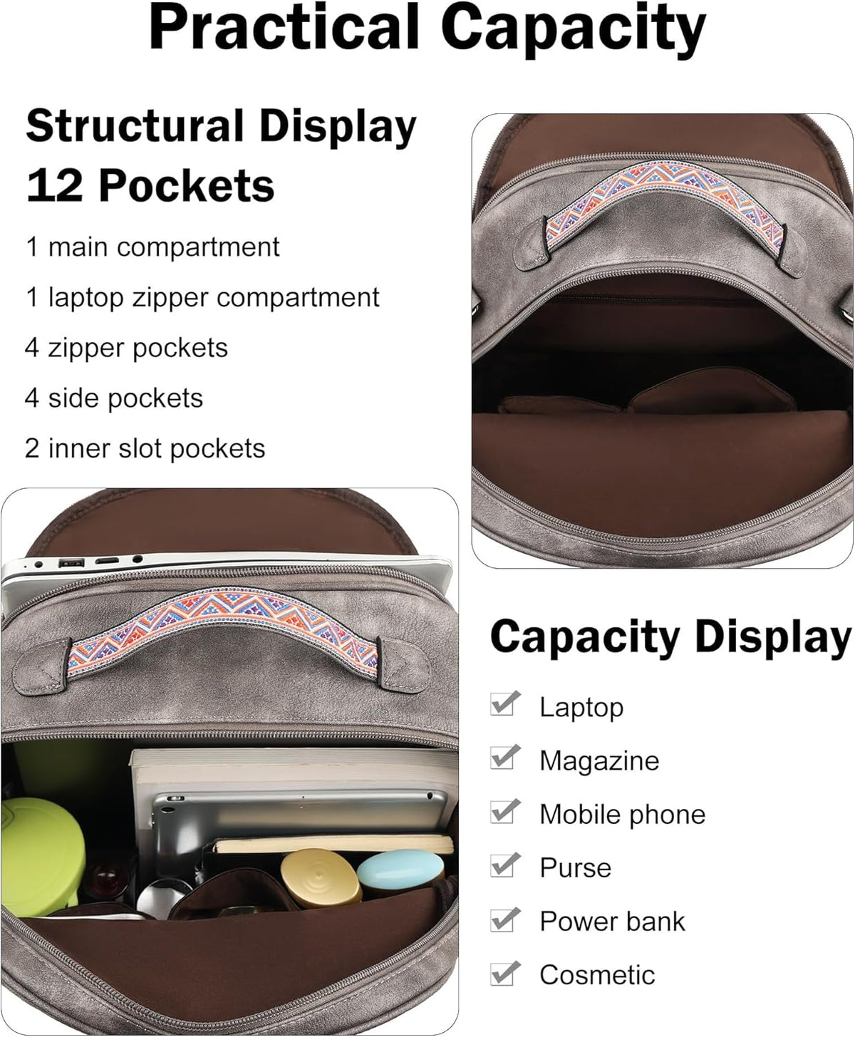 Backpack Backpack FADEON Leather Laptop Purse for Women, Designer Travel PU with Laptop Compartment for Work Grey