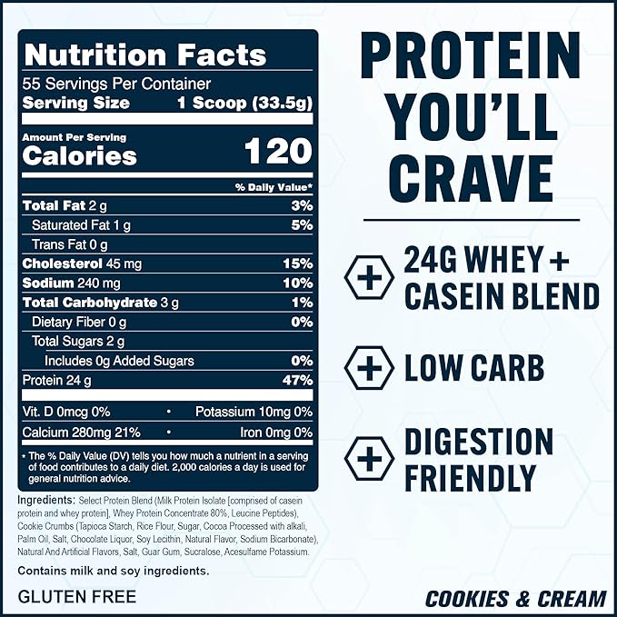 PEScience Select Protein Powder, Whey and Casein Blend, Clean Protein Powder for Women and Men, Low Calorie, Low Carb, Keto Friendly, Gluten Free - Cookies and Cream - 55 Servings