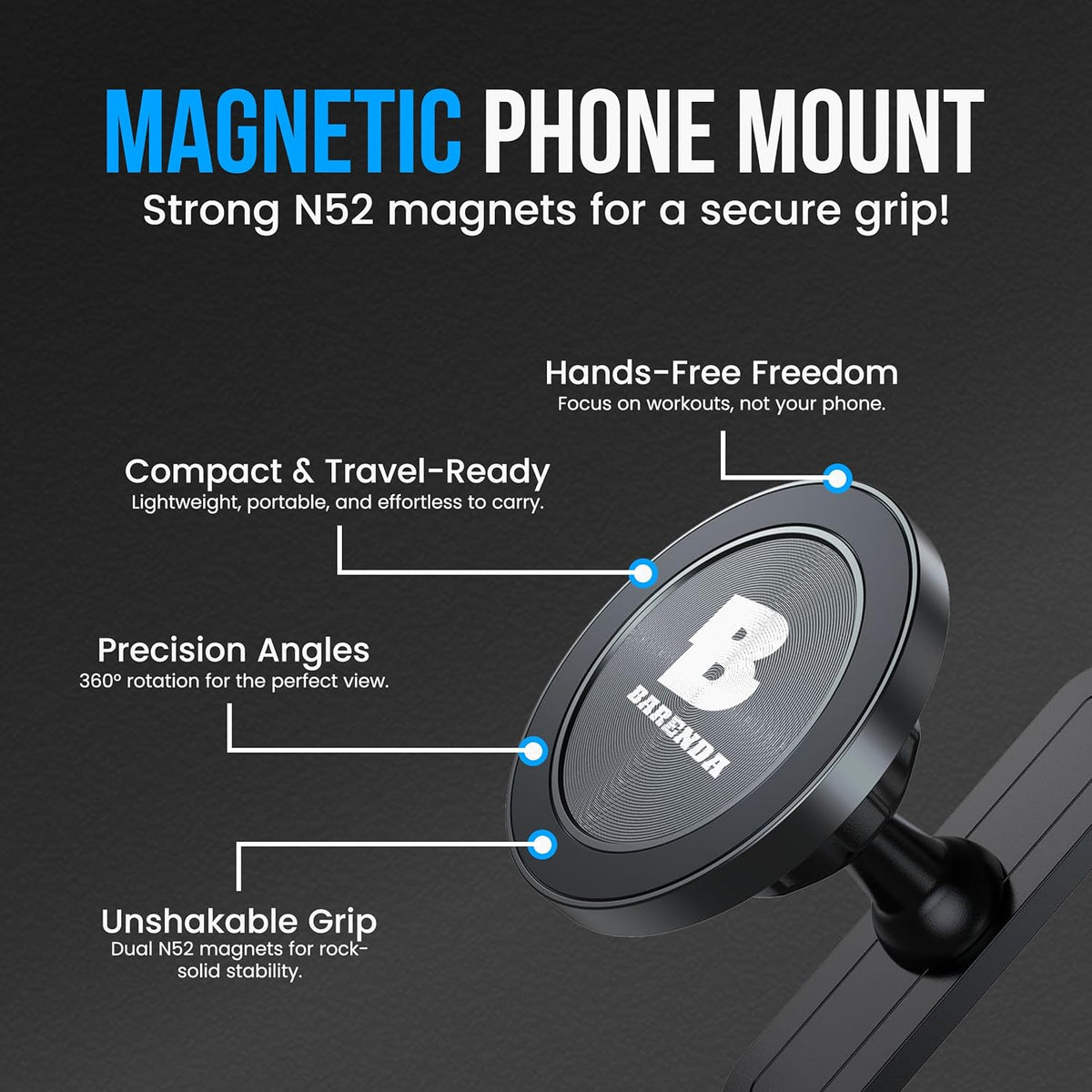 BARENDA N52 Magnetic Phone Holder for Gym with Dual-Sided Super Magnets, Strong Magnetic Phone Mount for All Phones