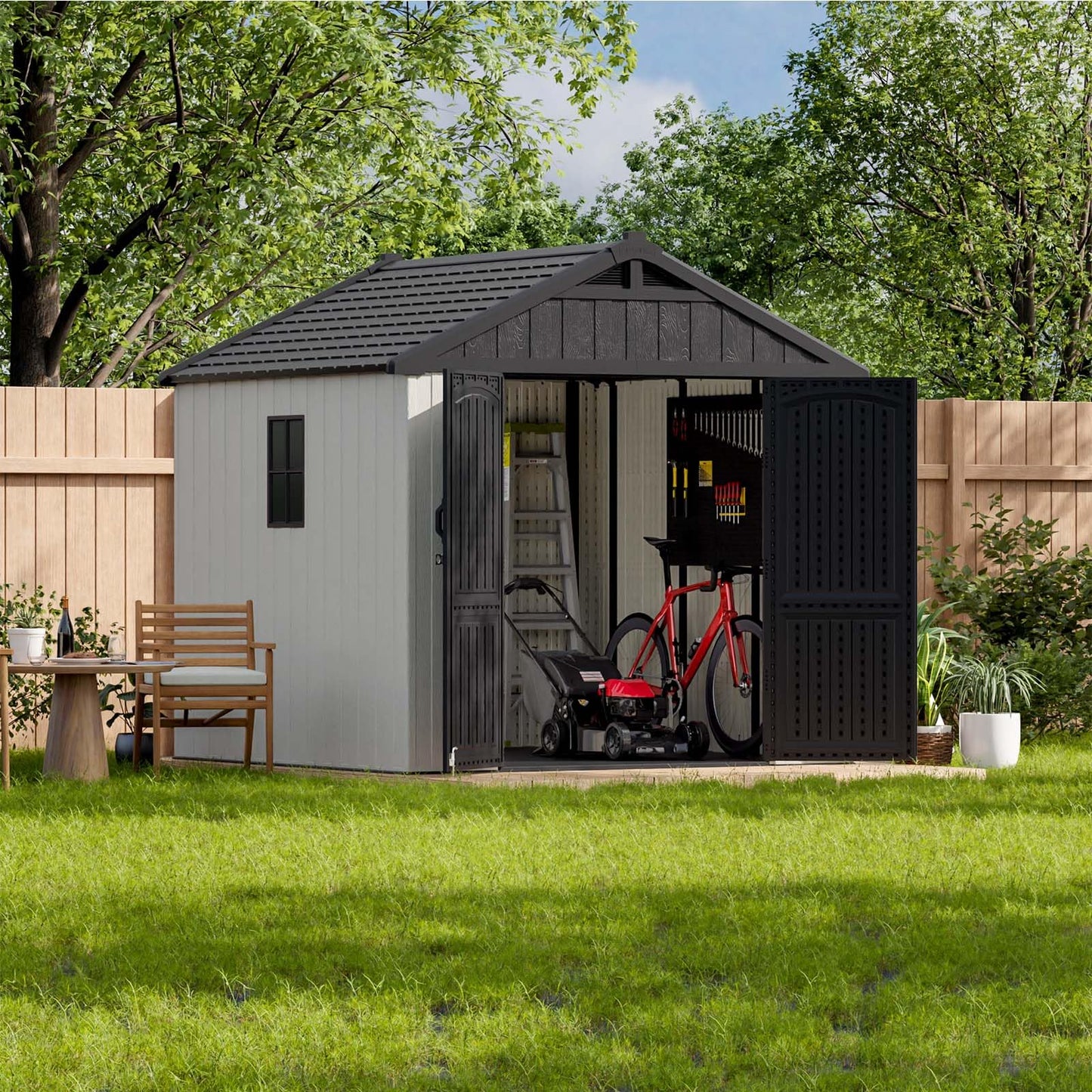 Patiowell 8x8 FT Outdoor Storage Shed, Plastic Shed Resin Garden Tool Shed with Floor & Window & Lockable Door for Patio Furniture, Backyard Tools, Bicycles & Lawnmower, Beige