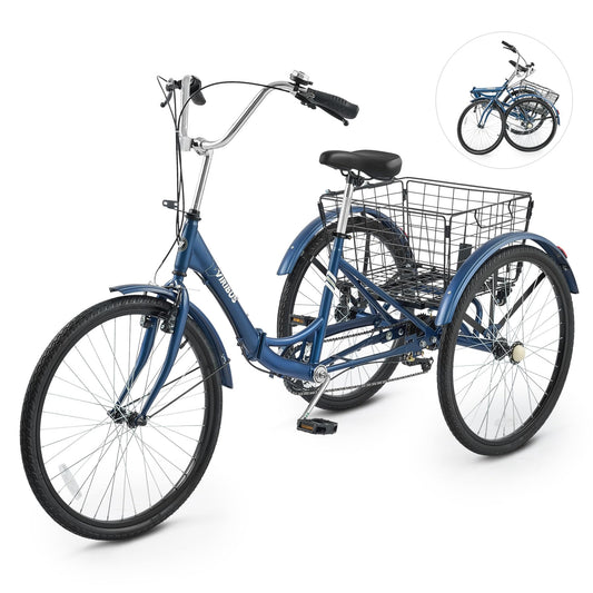 VIRIBUS Foldable Adult Tricycle, 7 Speed Folding Tricycle for Adults with Removable Wheeled Basket, Folding 3 Wheel Bikes for Adults Men Male Seniors 24 inch, Collapsible Trike 330 LB. Blue