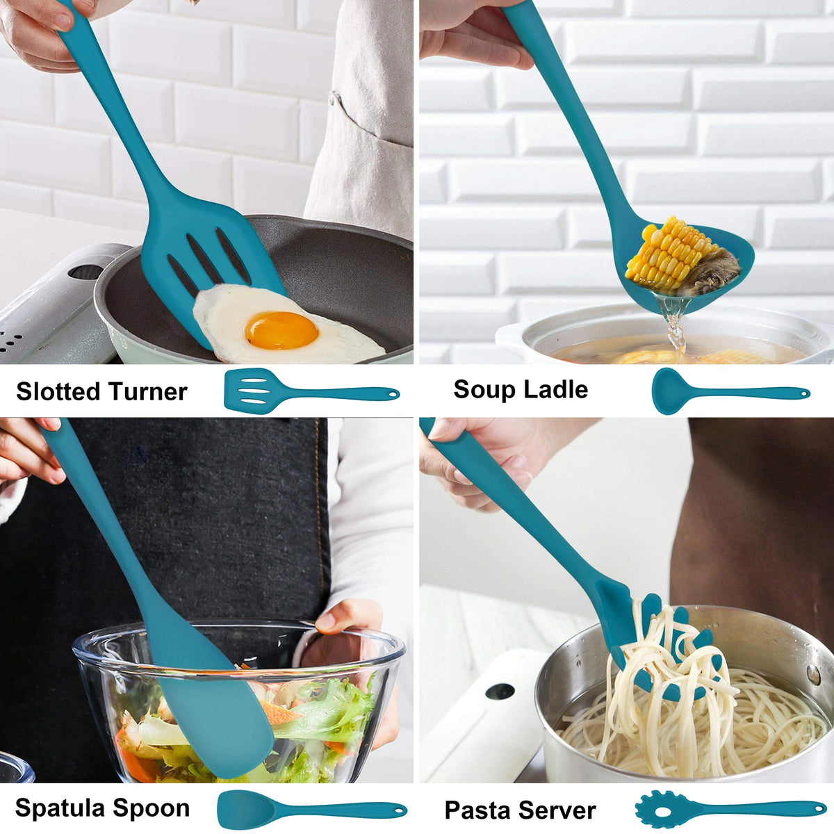 LIANYU 14 Pcs Cooking Utensils Set with Holder, Heat Resistant Silicone Kitchen Cookware Utensils Set, Kitchen Cooking Tools Includes Spatula Spoon Turner Whisk Tong, Dishwasher safe, Dark Blue