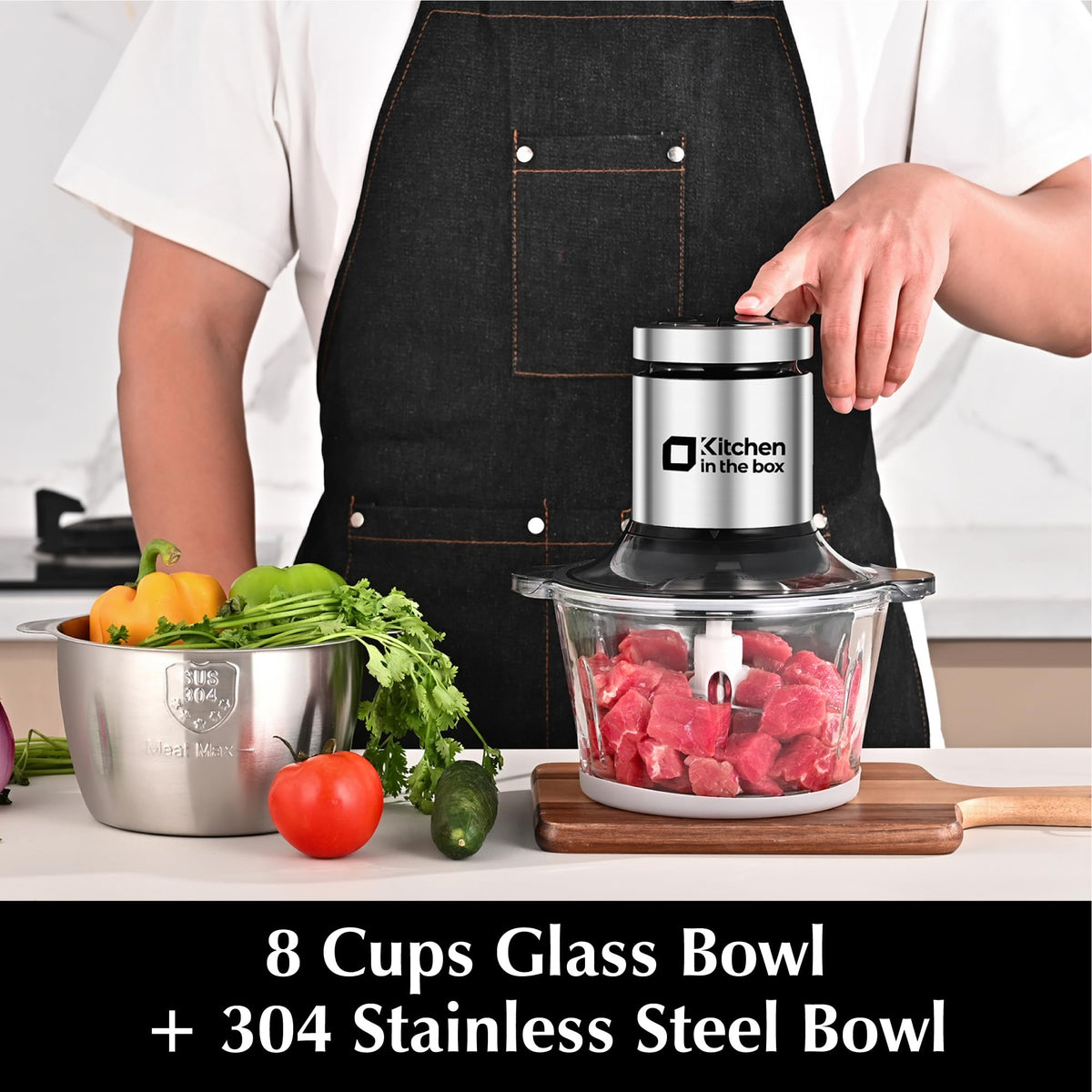 Kitchen in the box Food Processor, Electric Meat Grinder & Food Chopper with 400W Powerful Veggie Chopper-2 Bowls（8 Cup+8 Cup） & 2 Bi-Level Blades for Meat/Fish/Vegetable/Baby Food（Black Button）