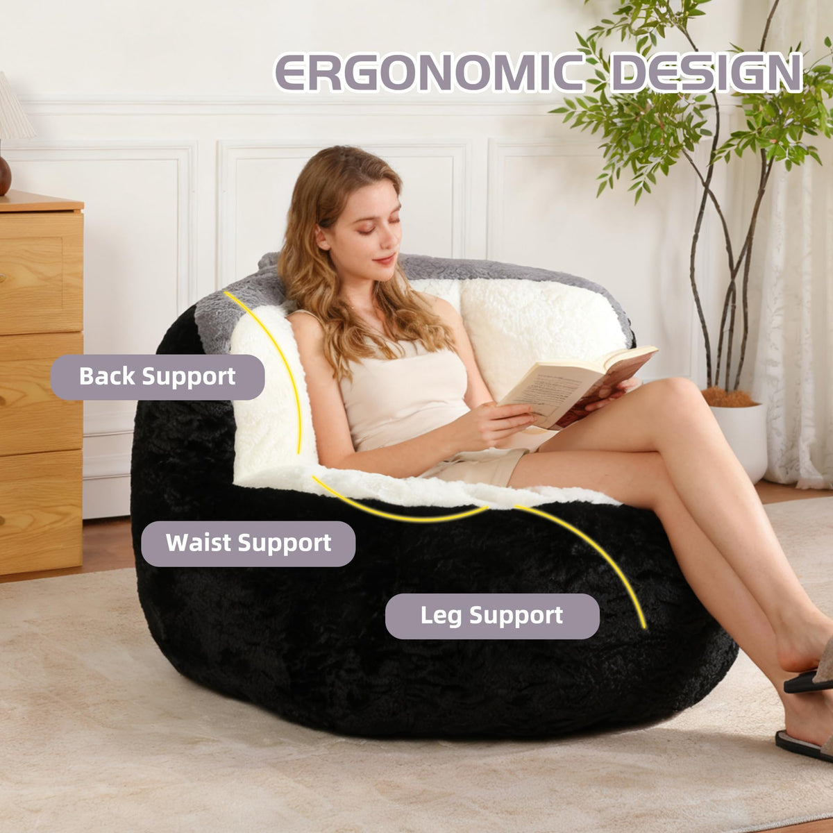 Amacv Oversized Bean Bag Chairs,Multicolor Faux Fur Couch Filled with Shredded Sponge,Large Lounger Sofa for Living Room,No Assembly Required, Black+White+Grey