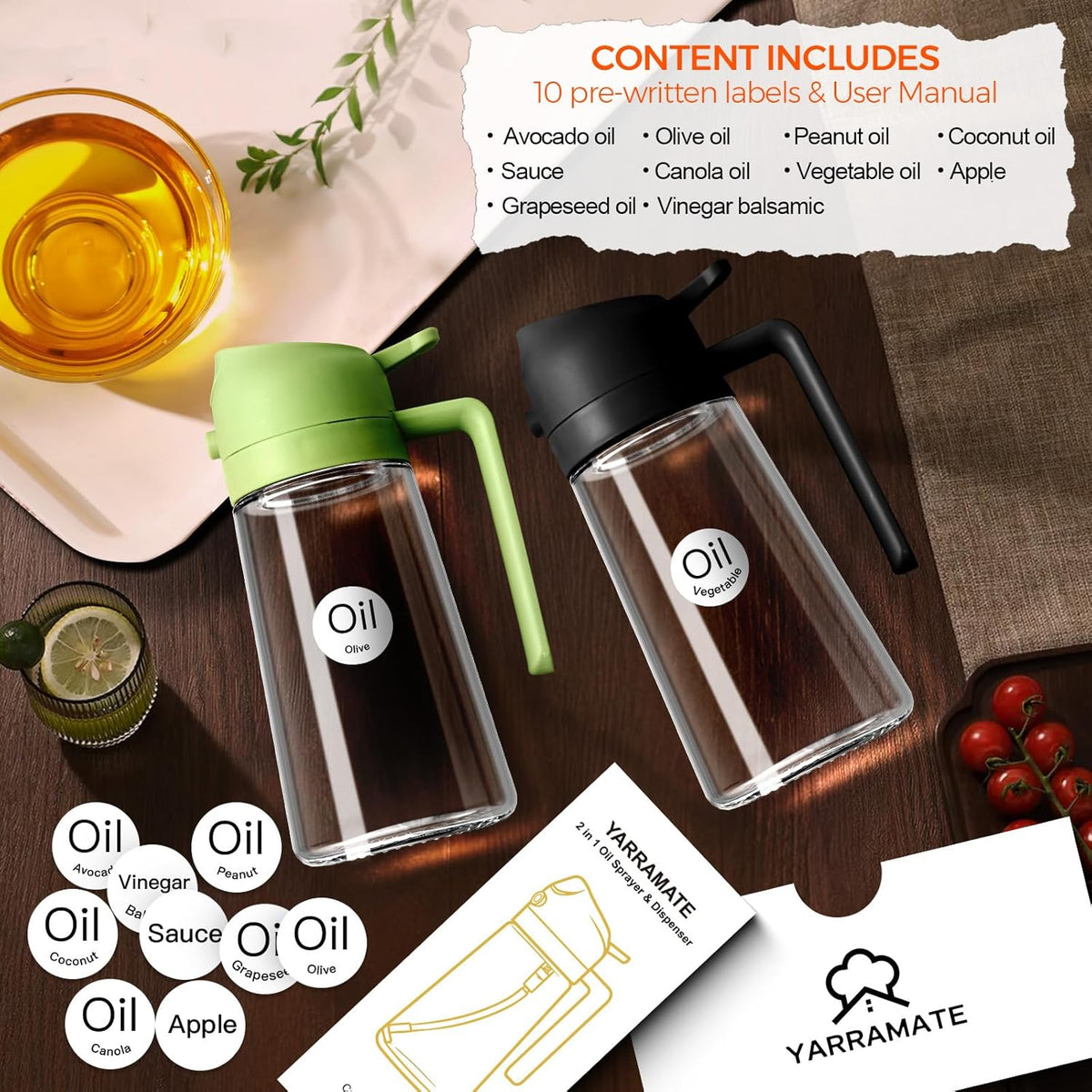 YARRAMATE Olive Oil Dispenser - 2Pcs 16oz Food-Grade Glass Sprayer for Cooking & BBQ | Black