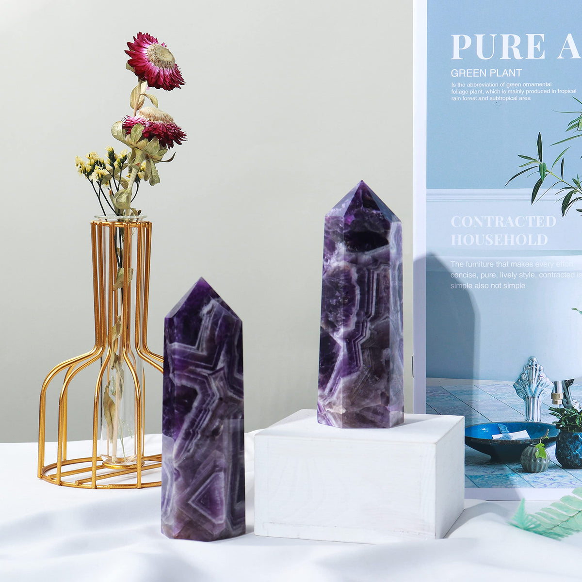 Runyangshi Dream Amethyst Wand 4.72"-5" Crystals Tower 6 Faceted Single Point Crystal Healing Crystal for Meditation Reiki Home Decor Gift