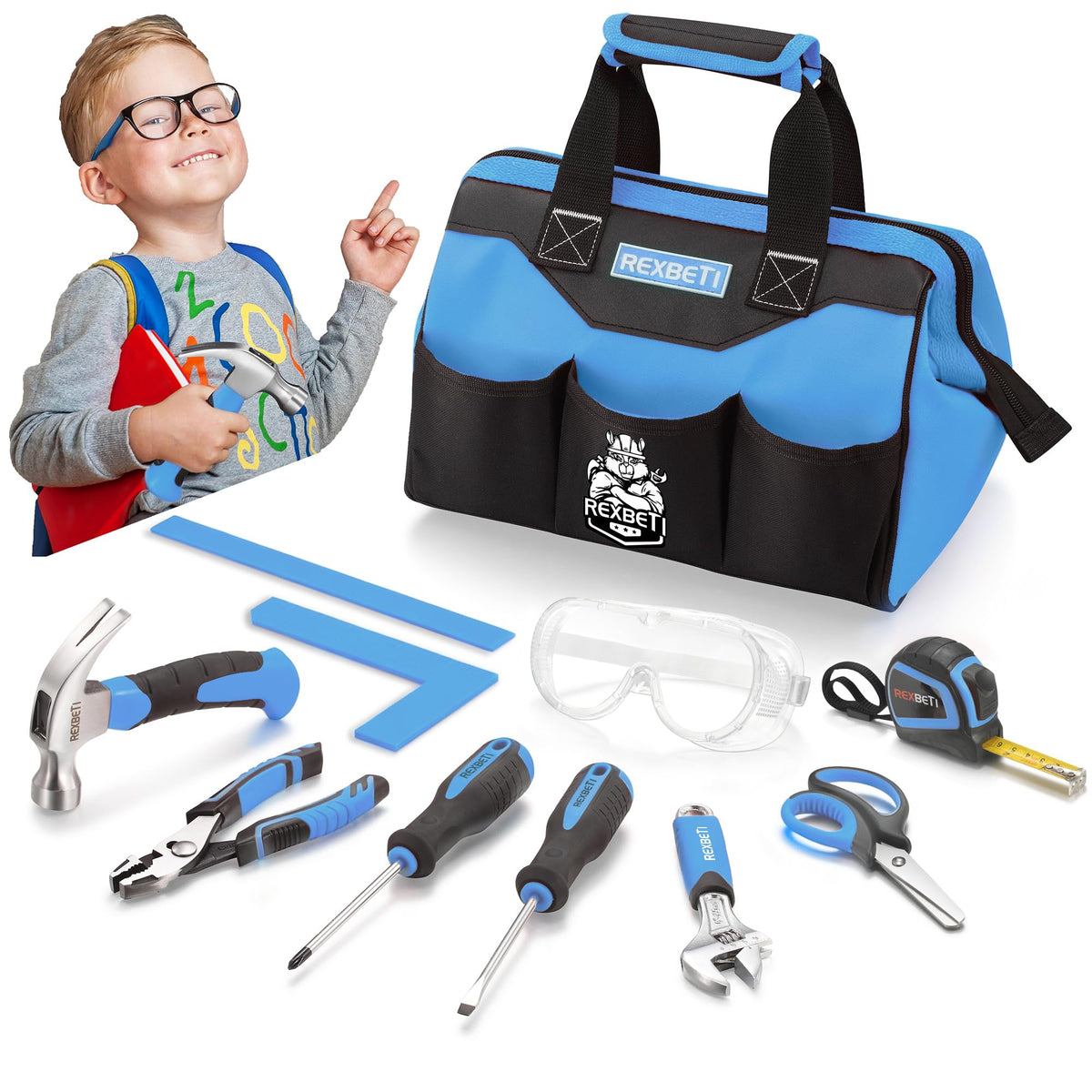 REXBETI 10-Piece Kids Tool Set with Real Hand Tools, Blue Durable Storage Bag, Children Learning Tool Kit for Home DIY and Woodworking,6+ Years Old Birthday Gift
