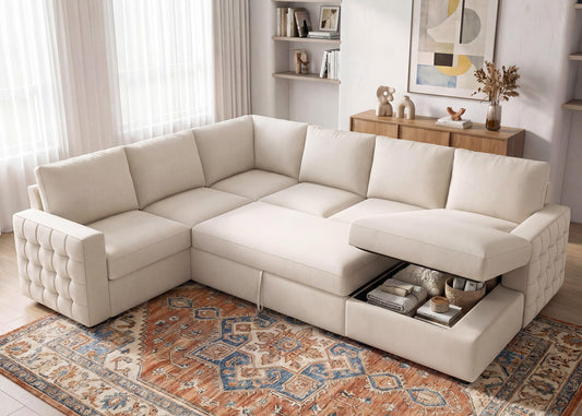 HONBAY Sectional Couch with Pull Out Bed, Sectional Sleeper Sofa with Storage, U Shape Couches for Living Room, Velvet Beige