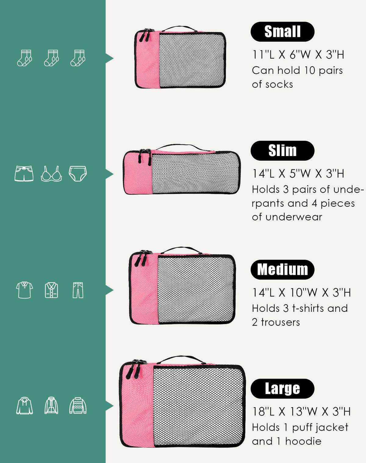 WTREE 4-Piece Packing Cubes Travel Accessories Set for Suitcases - Luggage Organizer Bags with Double Zipper - Mesh Top - Small/Medium/Large/Slim - Pink