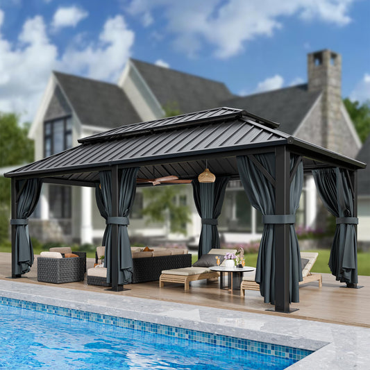 HOTEEL 12x20 Hardtop Gazebo on Clearance with Metal Roof, Heavy Duty Galvanized Steel Patio Hard Top Gazebos, Outdoor Permanent Screened in Gazebo with Curtains, for All-Weather, Backyarad, Black(Pro)
