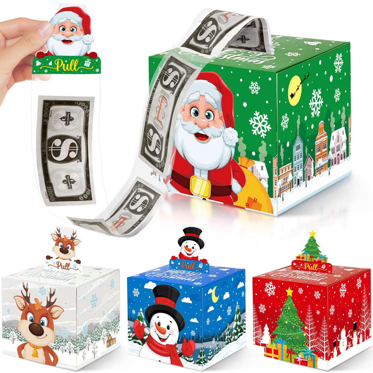 4 Pack Christmas Money Box for Cash Gift Pull,Christmas Tree & Snowman & Santa & Elk Money Gift Boxes for Cash with Pull Out Card DIY Set Surprise Merry Box (Classic Christmas)