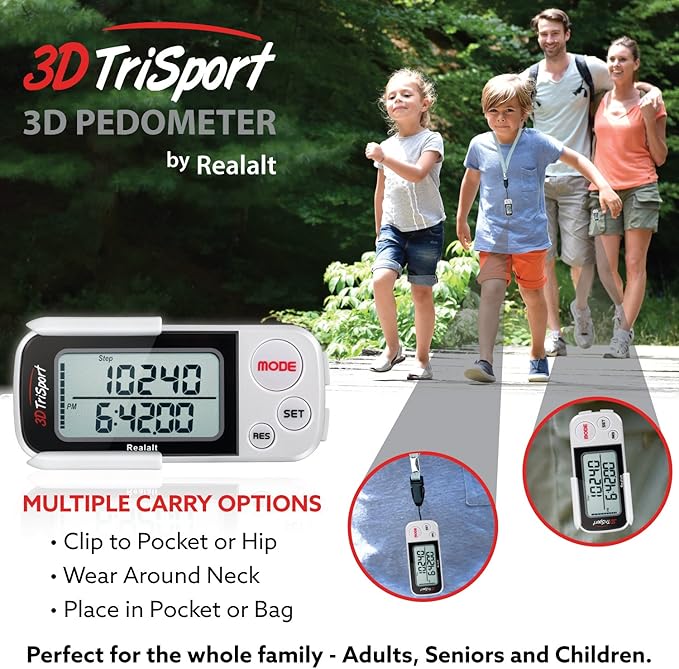 3DTriSport Walking 3D Pedometer with Clip & Strap, eBook Included | 30 Days Memory, Accurate Step Counter, Walking Distance Miles/Km, Calorie Counter, Daily Exercise Time Monitor