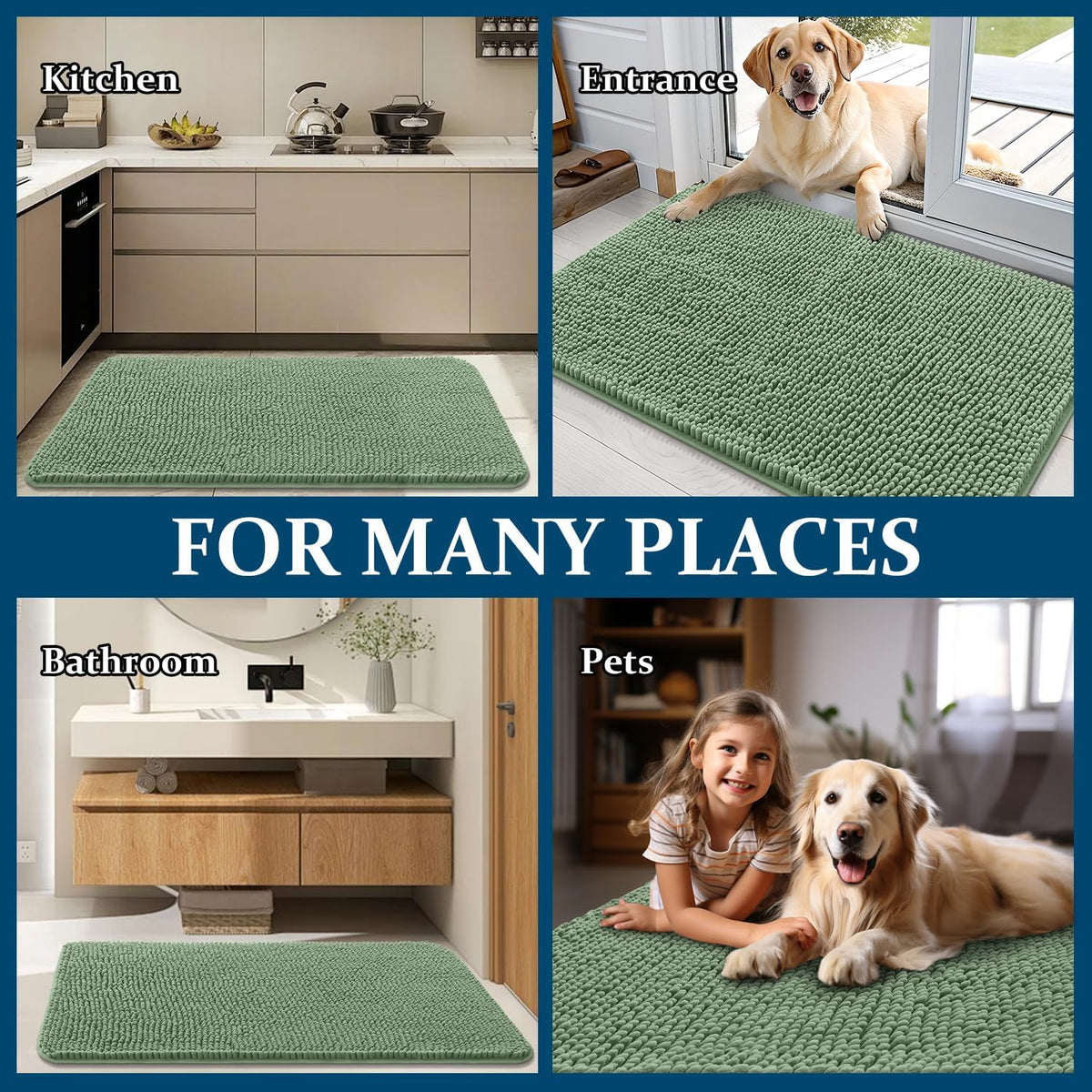 OLANLY Dog Door Mat - Absorbent Non-Slip Mud Mat for Indoor Use | 45x27 Inches, Olive Green