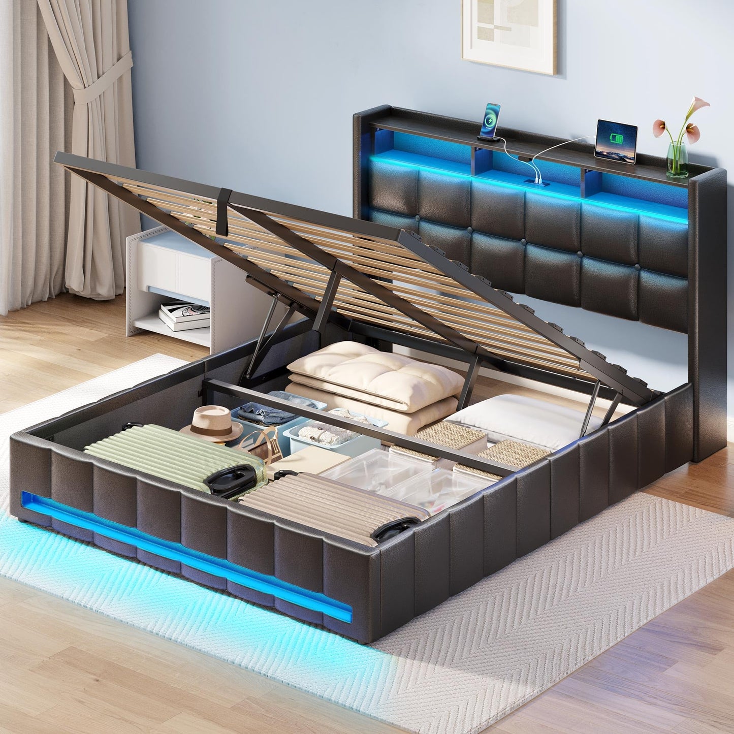 Rolanstar Bed Frame Full Size with Lift Up Storage, Charging Station & LED Lights, Upholstered Storage Headboard, Heavy Duty Wooden Slats, No Box Spring Needed, Noise Free, Easy Assembly, Black