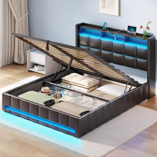 Rolanstar Bed Frame Full Size with Lift Up Storage, Charging Station & LED Lights, Upholstered Storage Headboard, Heavy Duty Wooden Slats, No Box Spring Needed, Noise Free, Easy Assembly, Black
