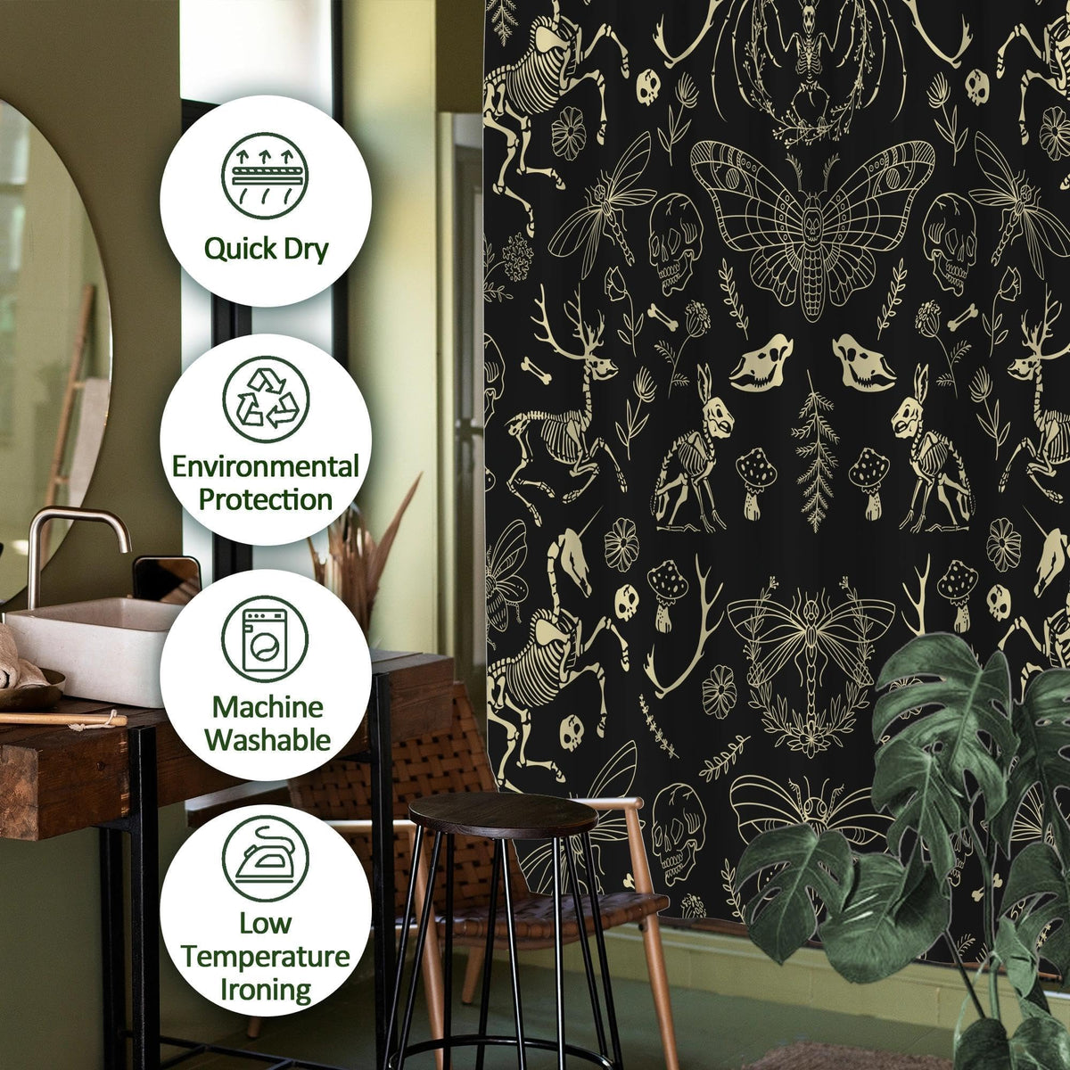 TSLOVER Black Goth Skull Shower Curtains,Spooky Gothic and Skull Shower Curtain for Bathroom,Funny Western Witchy Waterproof Polyester Fabric Bath Curtain Decor,72x72 Inches