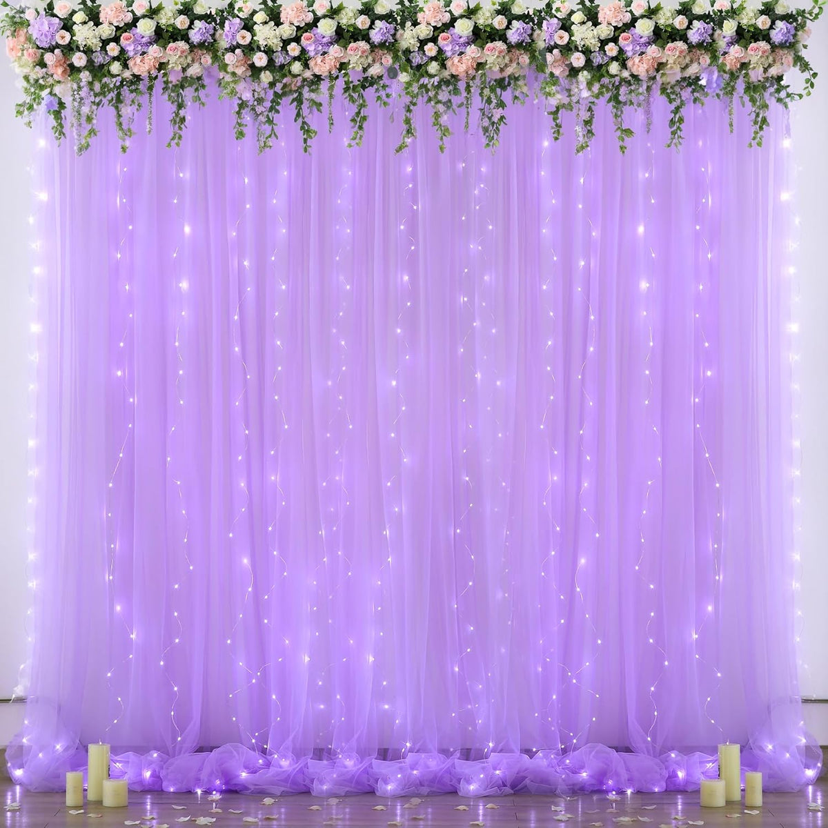 Suppromo 10ft 8ft Lavender Tulle Backdrop Curtain with Led Lights for Wedding Baby Shower Girls X Lilac Lavender Sheer