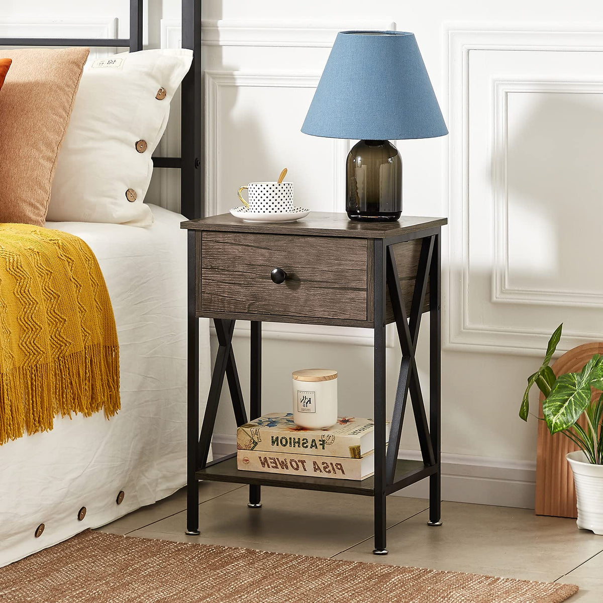 VECELO Nightstand,Modern Bedside End Table, Night Stand with Drawer and Storage Shelf for Living Room Bedroom, Industrial Metal Frame