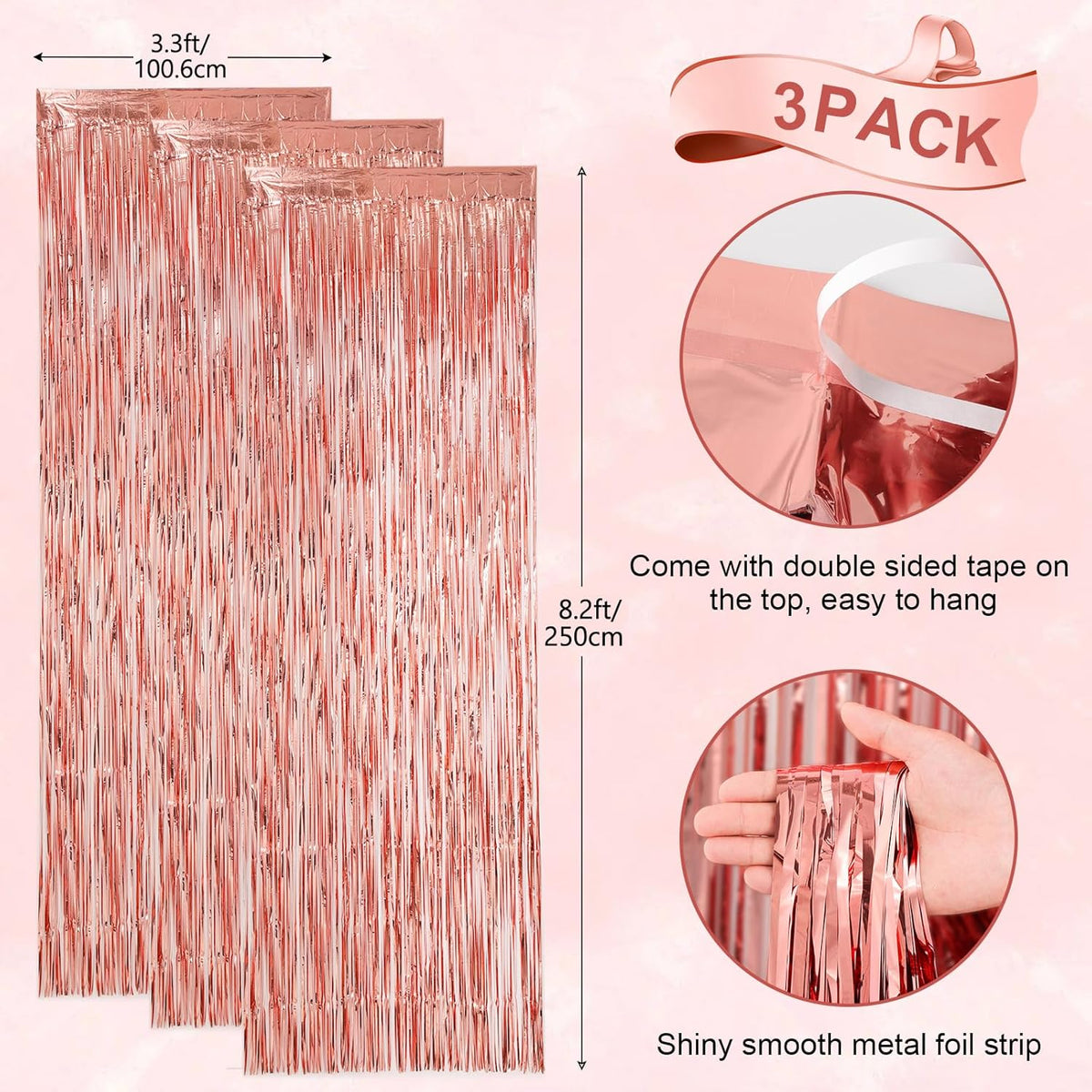 Voircoloria Rose Gold Foil Fringe Backdrop Curtains - 3 Pack Tinsel Streamers for Parties & Events