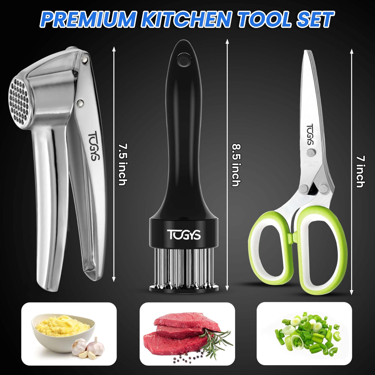 TOGYS 3-in-1 Premium Kitchen Tool Set - Heavy Duty Stainless Steel Garlic Press, Herb Scissors & Meat Tenderizer - Rust-Proof, Dishwasher Safe Cooking Gadgets - Ideal Gift for Home Chefs