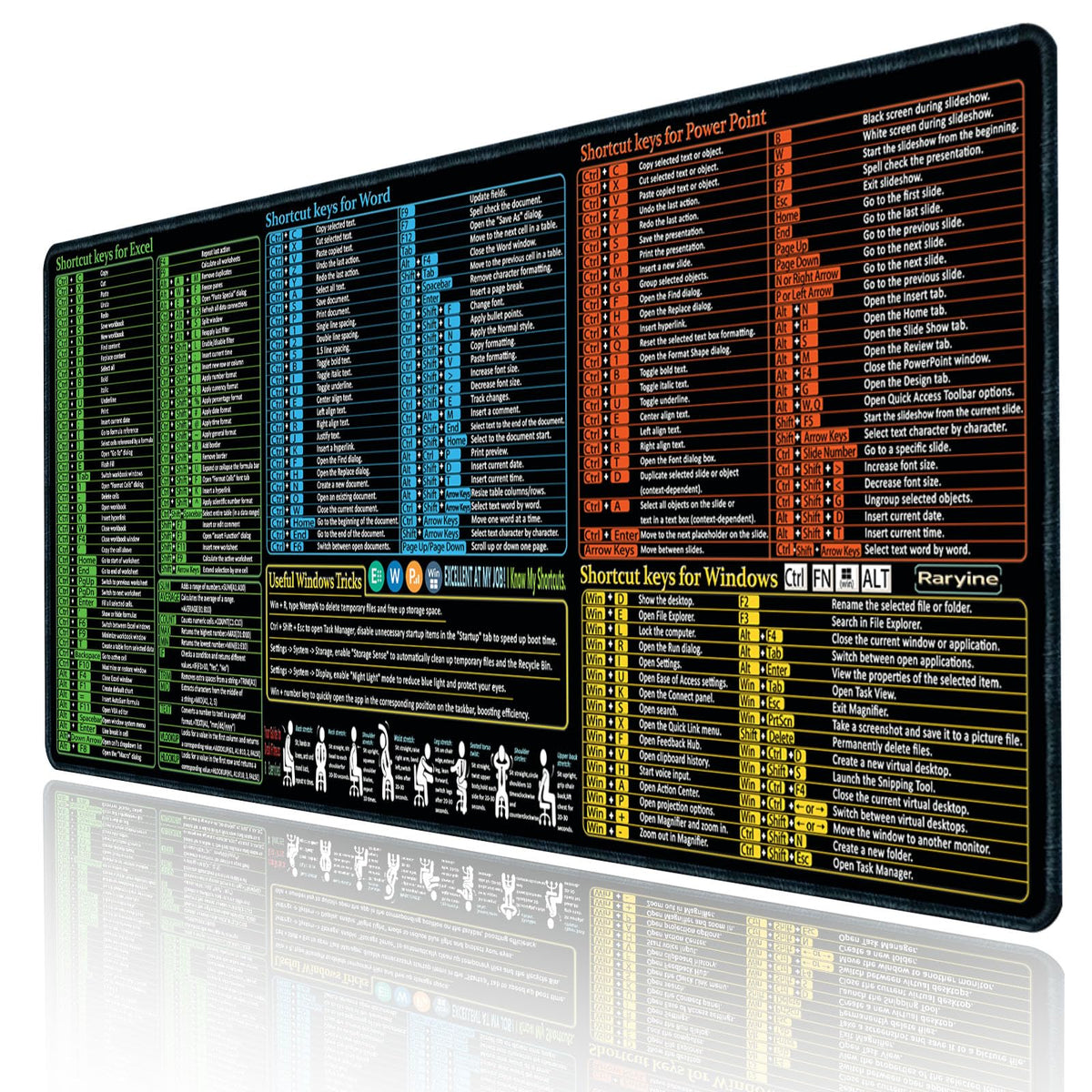 Raryine Excel/Word/Power Point/Windows Mouse pad,Non-Slip&Waterproof Large Gaming Office pc Desk mat(XXL 35.4x15.8 in),Over 200 Keyboard Shortcuts Mousepad