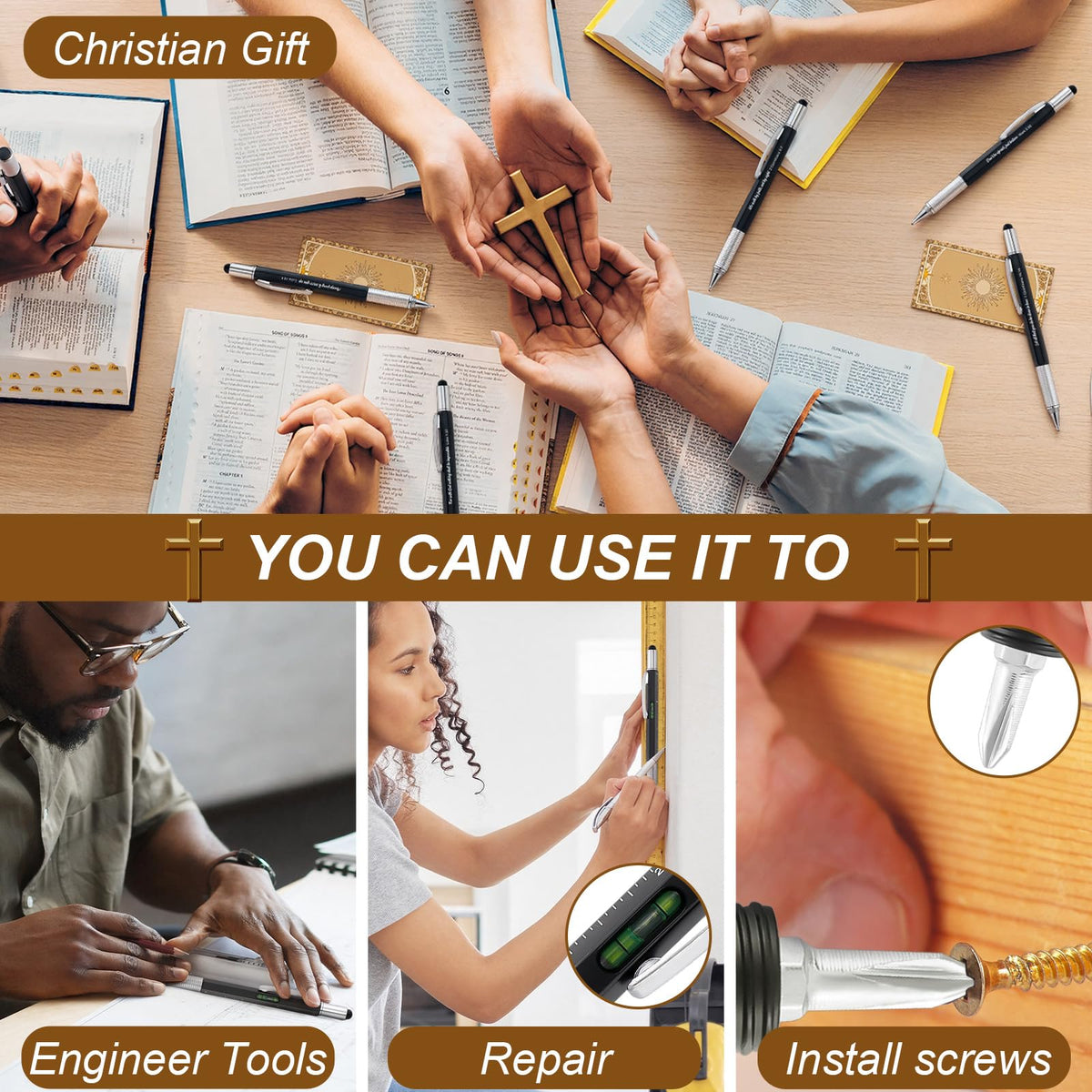 Sayglossy 48pcs Christian Multitool Pens Valentines Gift Bible Verse Religious 6 in 1 Multitool Pen Bulk with Ruler, Level, Stylus, Screwdriver for Men Pastor Father