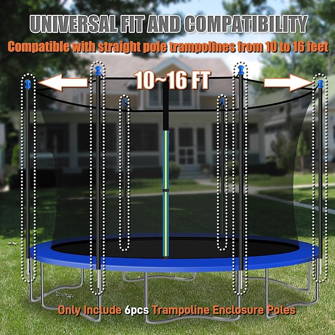 6PCS Universal Trampoline Poles Replacement Enclosure Poles Fit 8-16FT Straight Pole Trampoline Frame, Heavy Duty Trampoline Accessories Kits Include Foam Sleeve & Hardware for 2 Install Ways