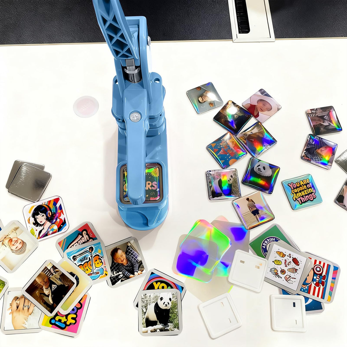 Square Magnet Button Maker Kit - Holographic Film 2'' x 2'' Button Press Machine with 100 Set Fridge Magnet Making Supplies(Metal Cover, Film, Back Inserts), for Craft, Home, Small Business