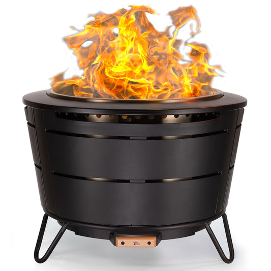 TIKI 27.5-Inch Smokeless Reunion Fire Pit, Large Outdoor Fire Pit for Gatherings, Wood Burning with Removable Ash Pan & Weather-Resistant Cover, Modern Black Design – Perfect for Patio & Backyard