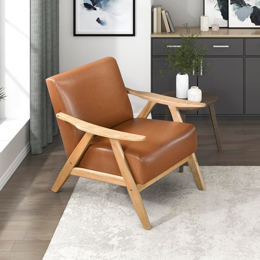 Lexicon Mid Century Modern Accent Chair with Solid Wood Frame in Natural Finish, Faux Leather Living Room Lounge Arm Chair, Thick and Comfy Innerspring Seat Cushion, Brown