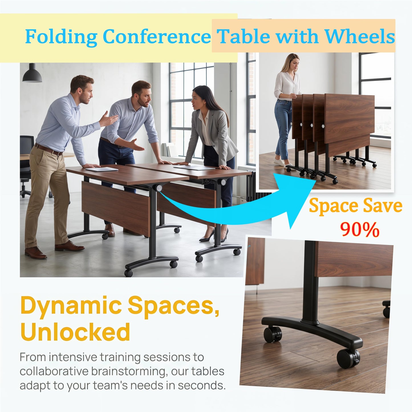 JNMDLAKO Modular Folding Conference Table with Locking Wheels, 8 Pack Flip Top Mobile Training Table, Modern Meeting Seminar Tables for Office, Hotel Conference Room(8,Walnut,71" L x 21" W x 29" H)
