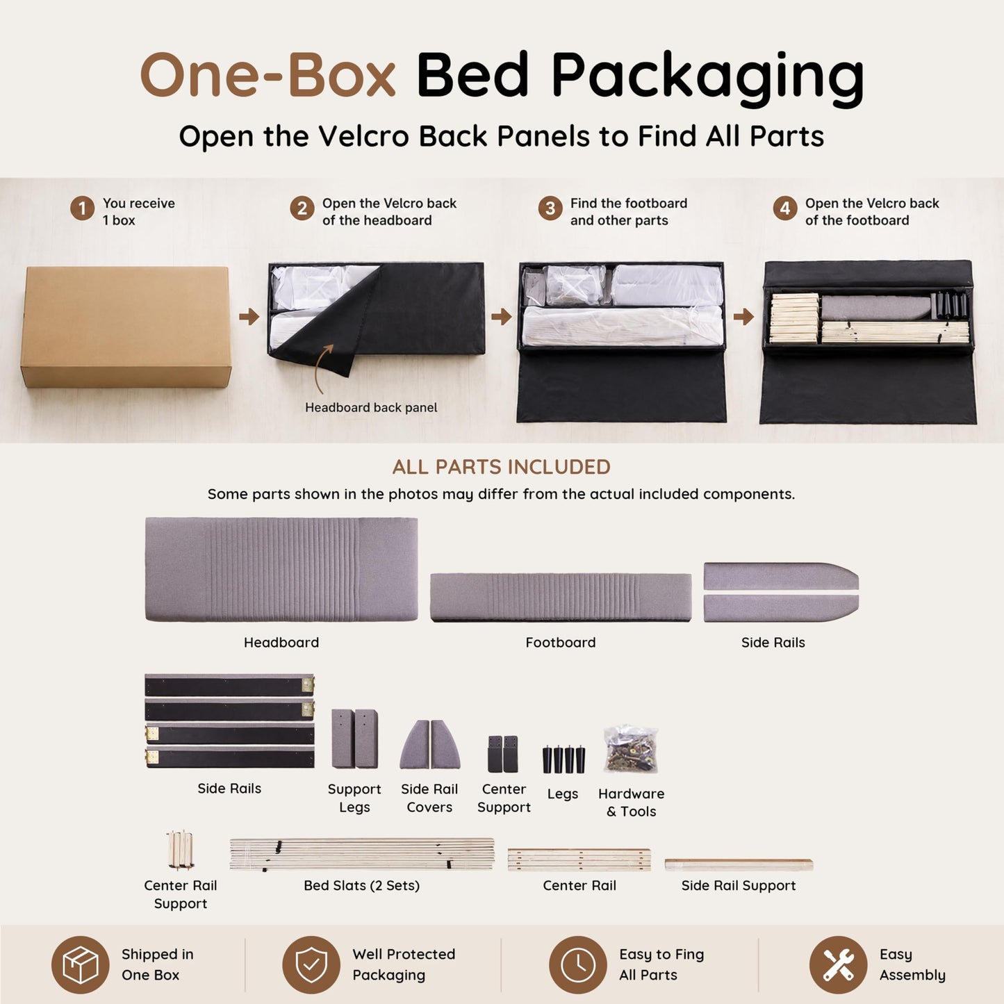 Livinia Amelia Twin Size Platform Bed, Fabric Upholstered Twin Bed Frame with Height Adjustable Headboard Footboard, Strong Wood Slats, No Box Spring Needed, Brown