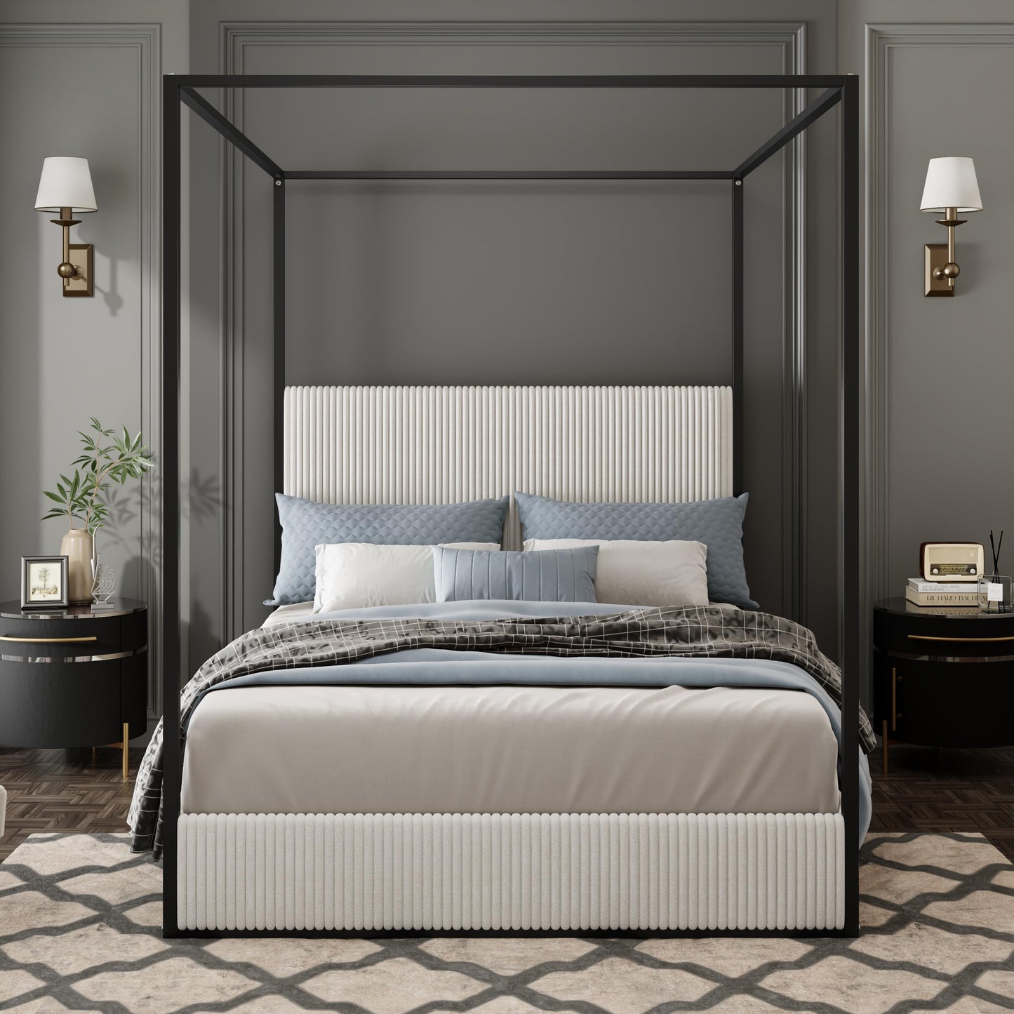 LUMISOL Queen Size Upholstered Canopy Bed, Metal 4 Poster Platform Bed with Tall Corduroy Headboard, Black Canopy Bed Frame with Headboard, No Box Spring Needed, White