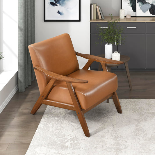 Lexicon Mid Century Modern Accent Chair with Solid Wood Frame in Walnut Finish, Faux Leather Living Room Lounge Arm Chair, Thick and Comfy Innerspring Seat Cushion, Brown