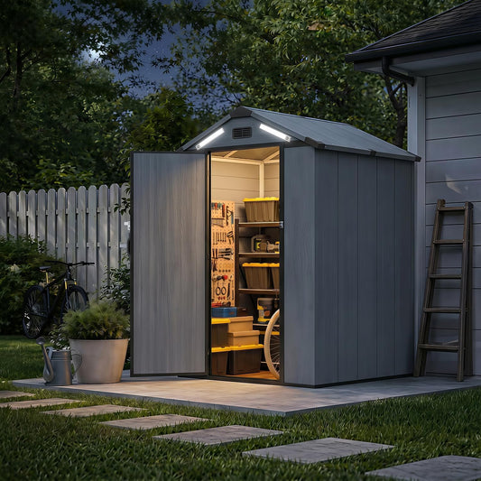 Aoxun 4x6 FT Resin Shed with Reinforced Floor, Built-in Magnetic Suction Light, All-Weather Plastic Outdoor Storage Shed, Lockable Door, Window & Vents for Garden, Patio, Bike & Garbage Can, Dark Gray