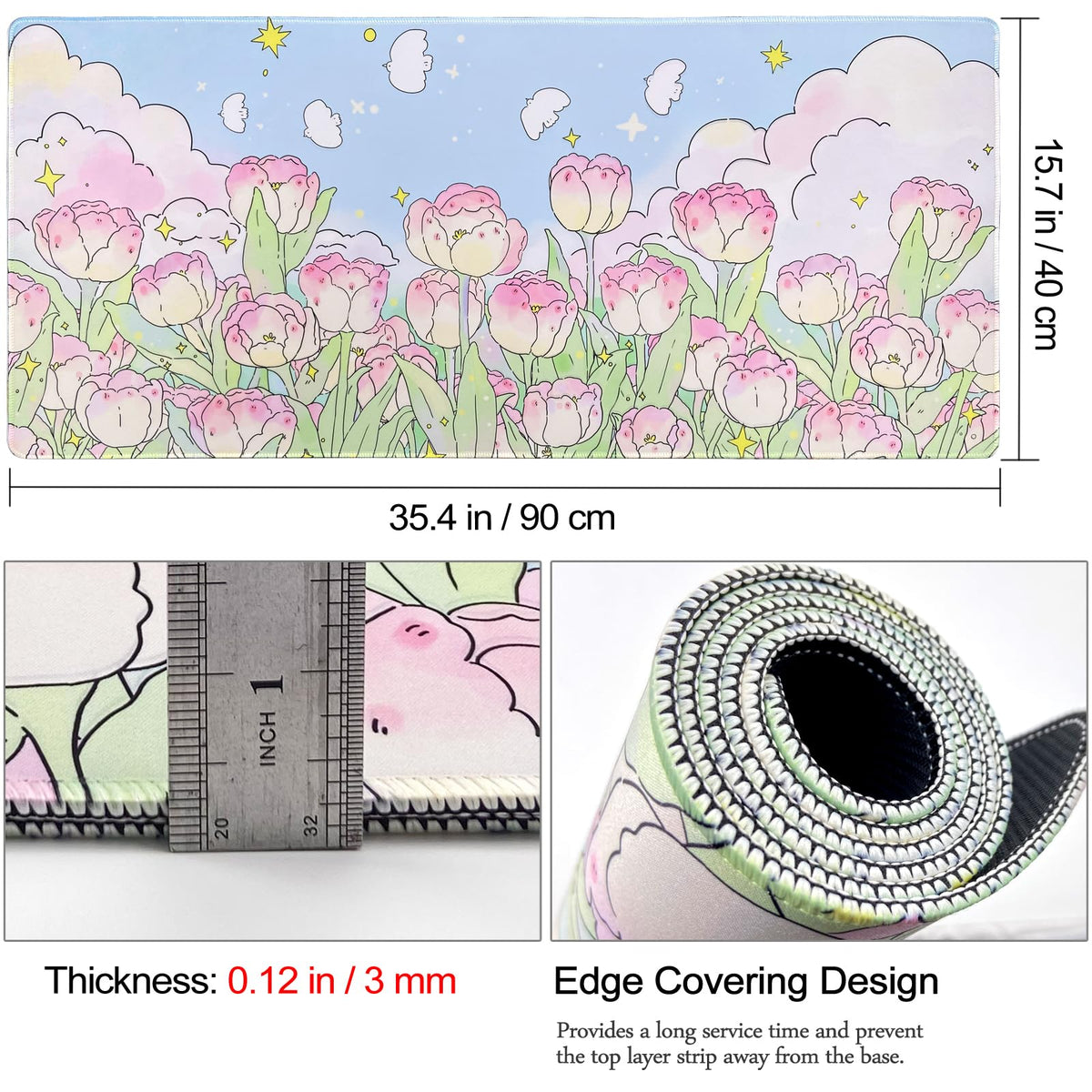 WSLUCKO Extended Large Gaming Mouse Pads Mat 35.4"x15.7"x0.12"(3mm Thick), Oversized Office Desk Mat with Stitched Edges (Cute Tulips)
