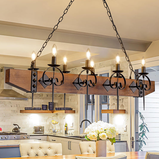 TOCHIC 48 Inch Black Farmhouse Chandelier, 8-Light Rustic Wood Chandeliers for Dining Room, Western Kitchen Pendant Lighting Over Island, Large Ceiling Light Fixture for Living Room, Bedroom, Bar